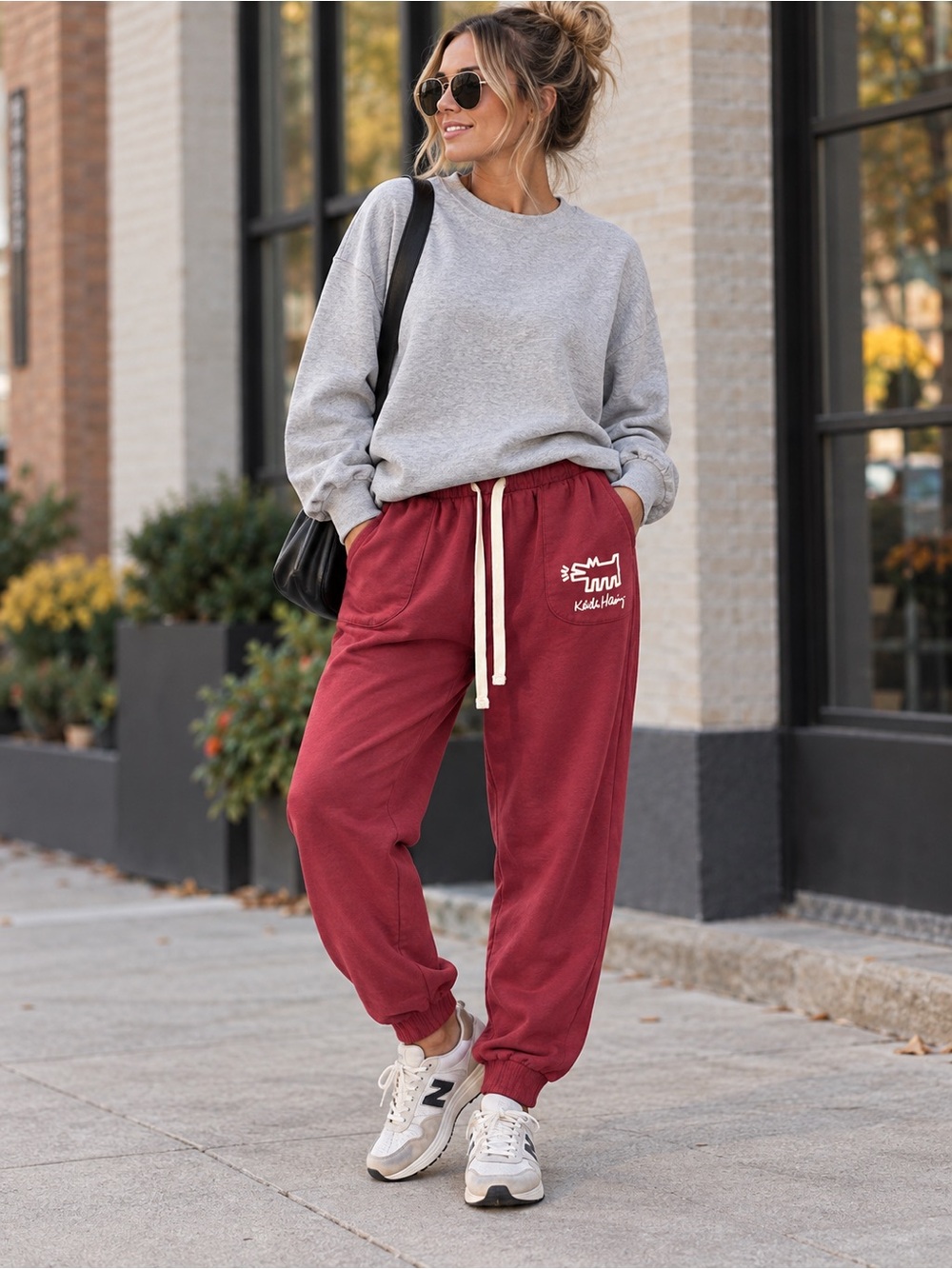Keith Haring Burgundy Jogger Sweatpants Size Small Graphic Streetwear Y2K